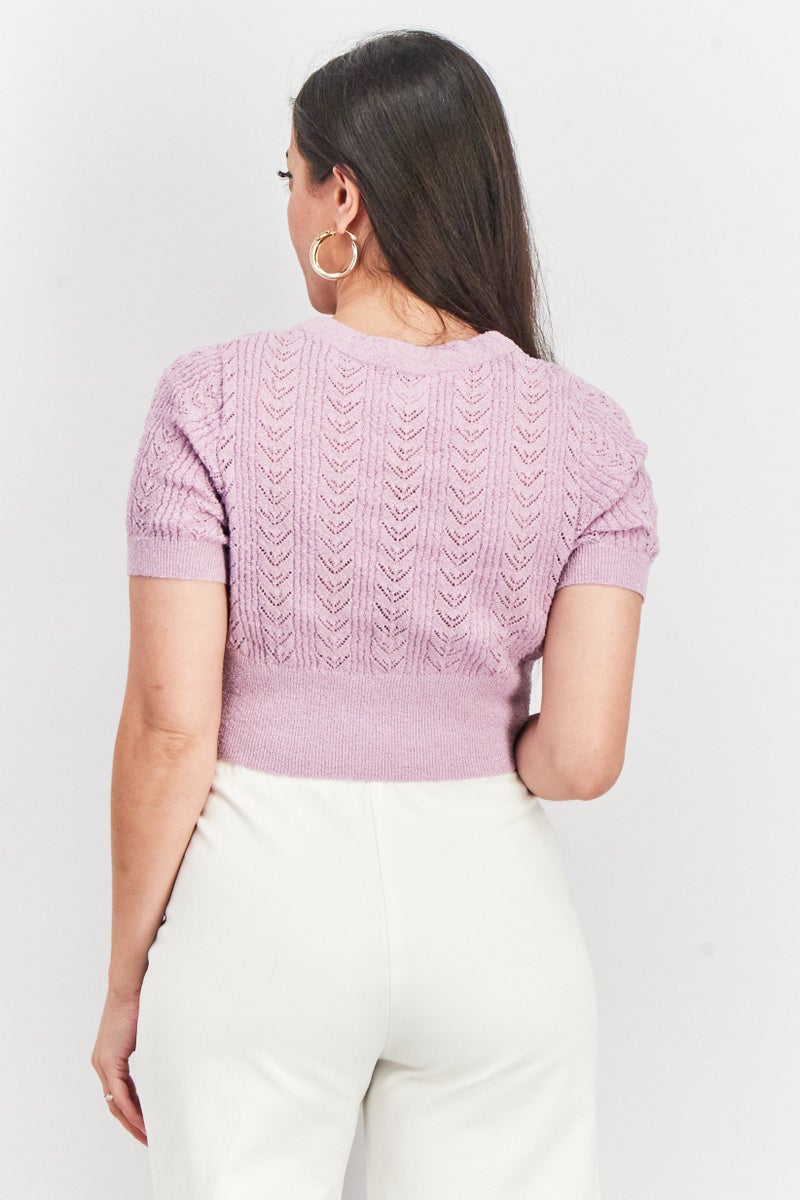 Cotton On Women V-Neck Short Sleeve Knitted Top, Lilac  - Image 2