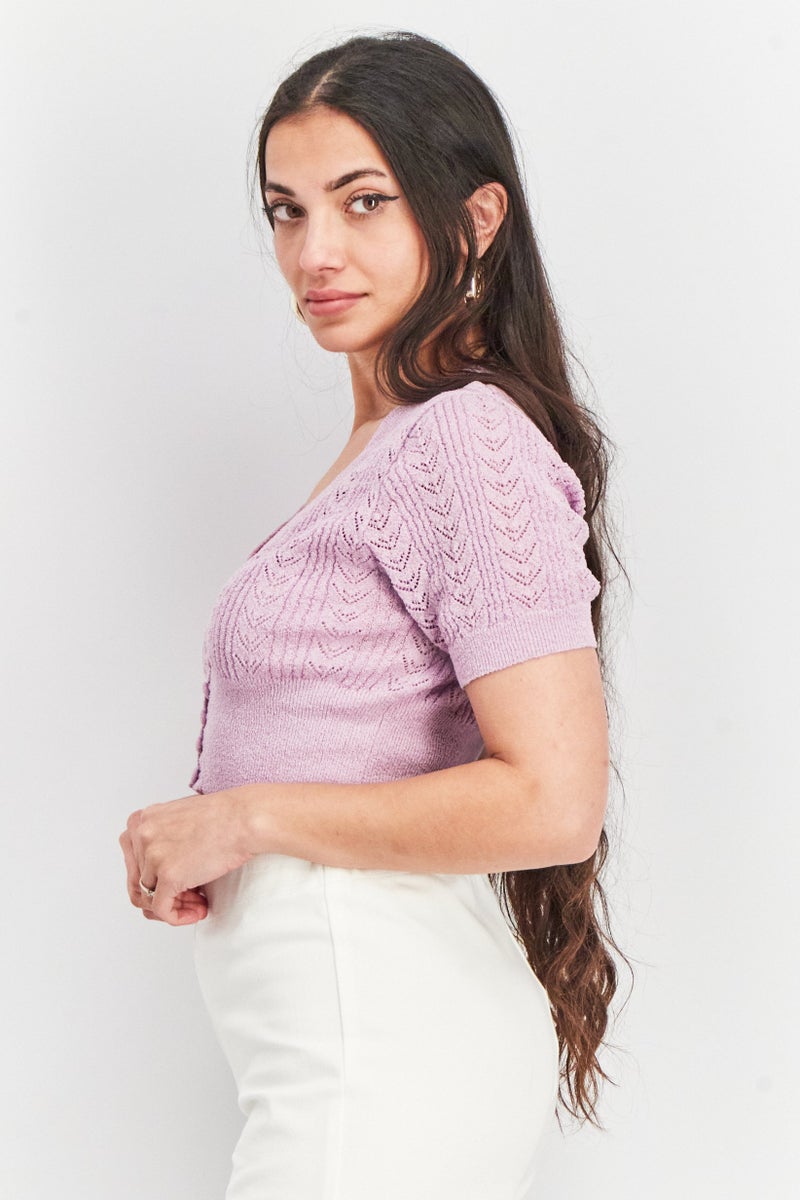 Cotton On Women V-Neck Short Sleeve Knitted Top, Lilac  - Image 3