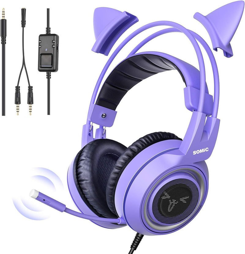 Somic G951S Purple Stereo Gaming Headset with Mic for PS4, PS5, Xbox One, PC, Phone, Detachable Cat Ear 3.5MM Noise Reduction Headphones Computer Gaming Headphone Self-Adjusting Gamer Headsets - Image 1