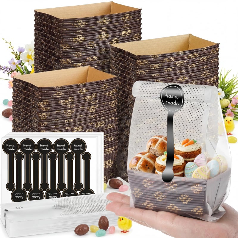 Sliner 120 Pcs Mini Loaf Pans Disposable Set 3.1x1.5 Inch Paper Pans Rectangle Mold with Plastic Bags and Stickers Winter Valentine's Day Easter Baking Party Supplies for Bread, Meatloaf, Wedding Return Gift - Image 1