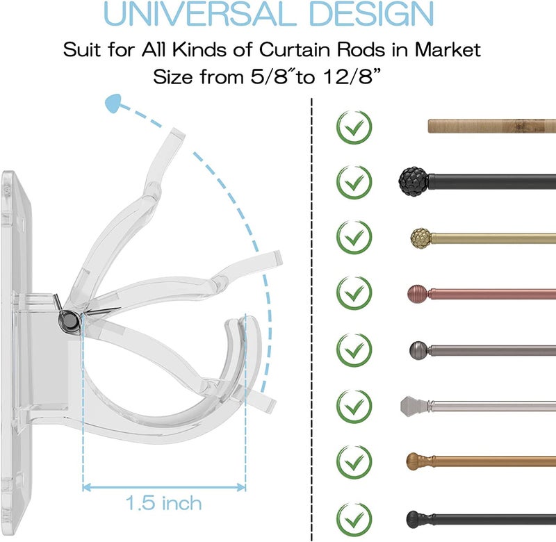 CIEMGNZOC 2PCS No Drill Curtain Brackets, Self-Adhesive Rods, Adjustable Curtain Hooks for Rods Under 1.57 Inch (Transparent) - Image 2