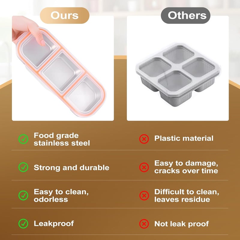 حاويات الوجبات الخفيفة المصنوعة من الفولاذ المقاوم للصدأ - حاوية بهارات قابلة لإعادة الاستخدام مكونة من 3 أجزاء مع أغطية للأطفال والكبار، حاويات تخزين طعام الوجبات الخفيفة المقسمة وأكواب الصلصة للمدرسة والسفر - Image 3