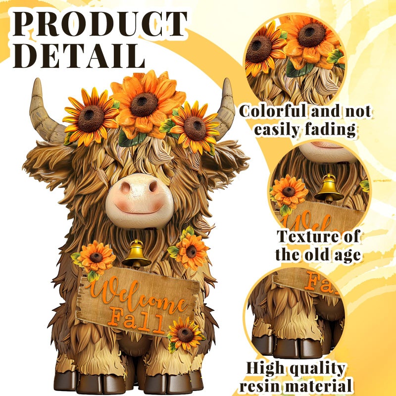 Burbell 2 Pack Fall Thanksgiving Decor Highland Cow Resin Figurine Fall Pumpkin Flower Highland Cow Gnomes Scottish Resin Statue Calf Lovers Gifts for Autumn Home Garden Kitchen Office Tiered Tray Table Decor - Image 4