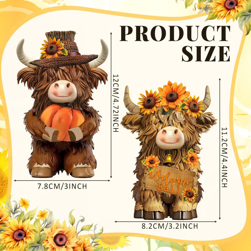Burbell 2 Pack Fall Thanksgiving Decor Highland Cow Resin Figurine Fall Pumpkin Flower Highland Cow Gnomes Scottish Resin Statue Calf Lovers Gifts for Autumn Home Garden Kitchen Office Tiered Tray Table Decor - Image 3