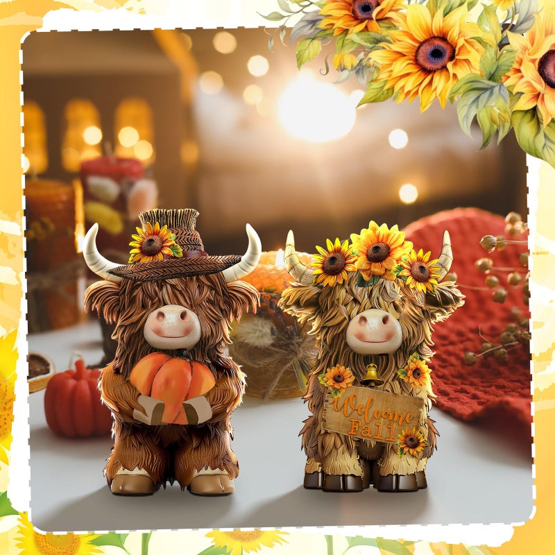 Burbell 2 Pack Fall Thanksgiving Decor Highland Cow Resin Figurine Fall Pumpkin Flower Highland Cow Gnomes Scottish Resin Statue Calf Lovers Gifts for Autumn Home Garden Kitchen Office Tiered Tray Table Decor - Image 5