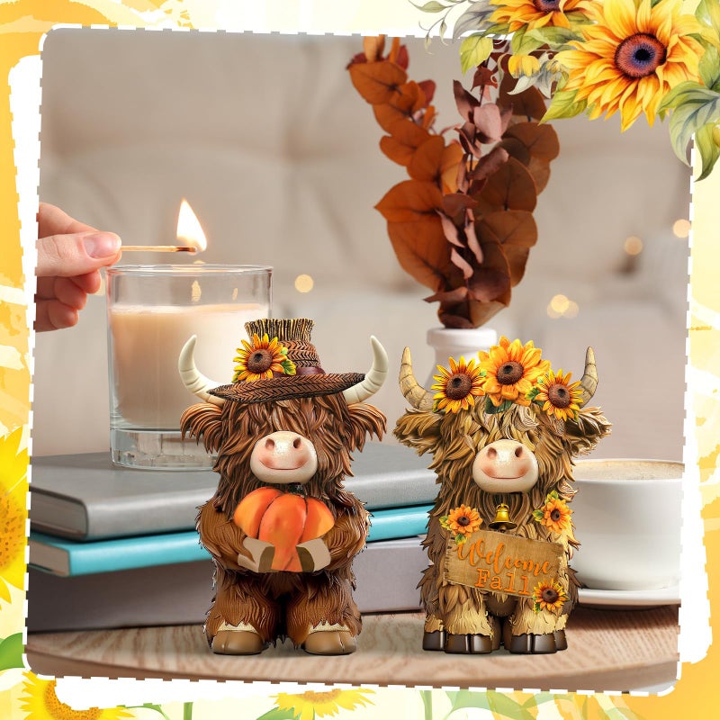 Burbell 2 Pack Fall Thanksgiving Decor Highland Cow Resin Figurine Fall Pumpkin Flower Highland Cow Gnomes Scottish Resin Statue Calf Lovers Gifts for Autumn Home Garden Kitchen Office Tiered Tray Table Decor - Image 2