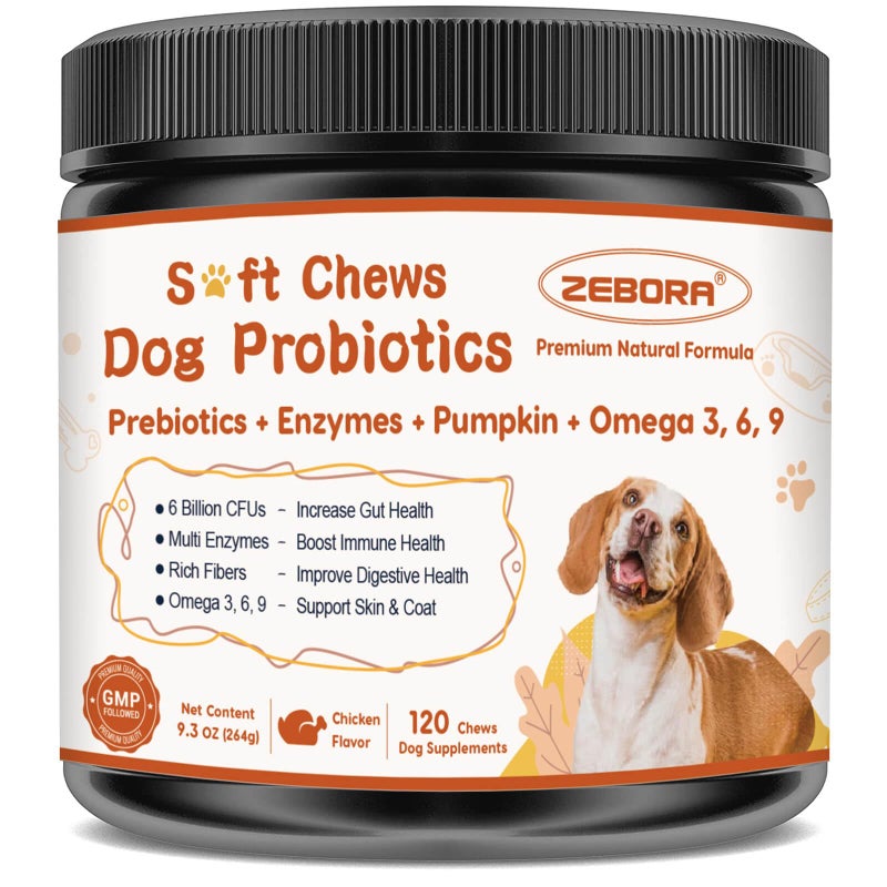 ZEBORA Probiotics for Dogs, Dog Probiotics for Digestive Health, Plus Pumpkin and Fish Oil, for Gut & Itchy, 120 Soft Chews - Image 1