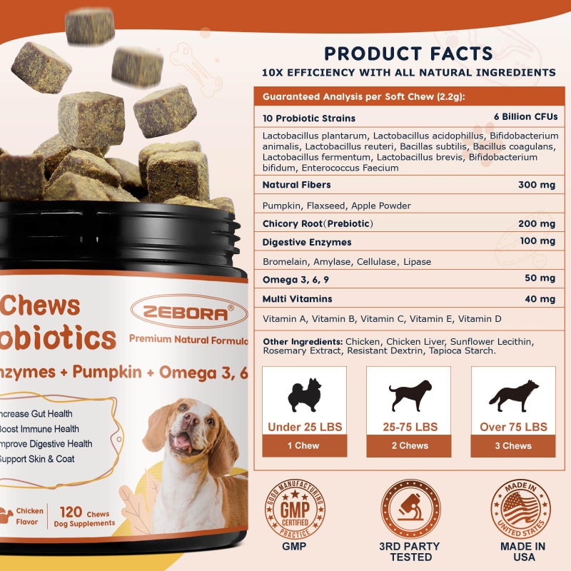 ZEBORA Probiotics for Dogs, Dog Probiotics for Digestive Health, Plus Pumpkin and Fish Oil, for Gut & Itchy, 120 Soft Chews - Image 2