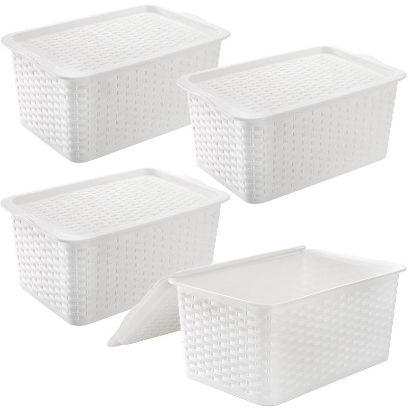 Dicunoy Dicunoy 4 Pack Lidded Storage Bins with Lids White Stackable Storage Baskets for Shelf Plastic Pantry Organizer with Handle for Home RV Lockers Classrooms School Toys 11 x 7 x 5 