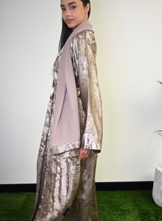 JAMEELA Midnight Glitz Olive Grey Satin Foil Abaya - Image 2