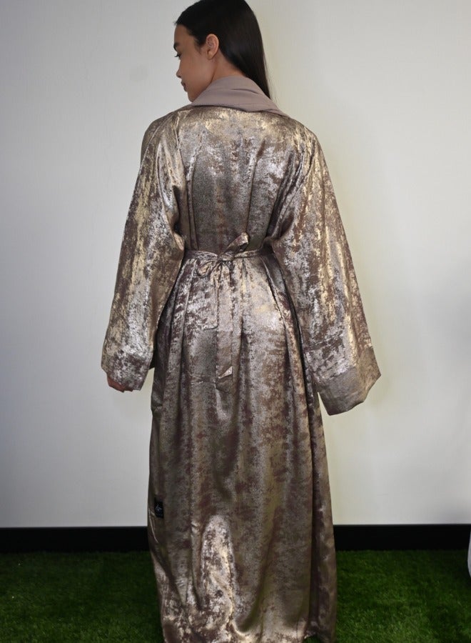 JAMEELA Midnight Glitz Olive Grey Satin Foil Abaya - Image 3