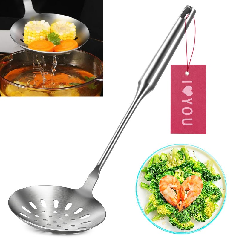 YIMI مغرفة ييمي للطهي مع فتحات، ملعقة مصفاة من الفولاذ المقاوم للصدأ 304، ملعقة قلي متينة مع مقبض مريح بتصميم فراغي، أداة مطبخ مقاومة للحرارة، هدية لعيد الحب، 14.8 بوصة - Image 1