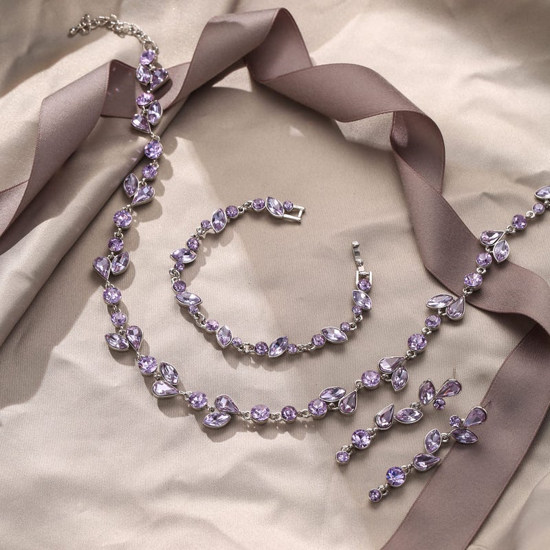 EVER FAITH Crystal Bridal Bridesmaid Jewelry Sets, Elegant Marquise Round-Shaped Rhinestone Leaf Necklace Dangle Earrings Bracelet Set for Women Light Purple Silver-Tone - Image 3