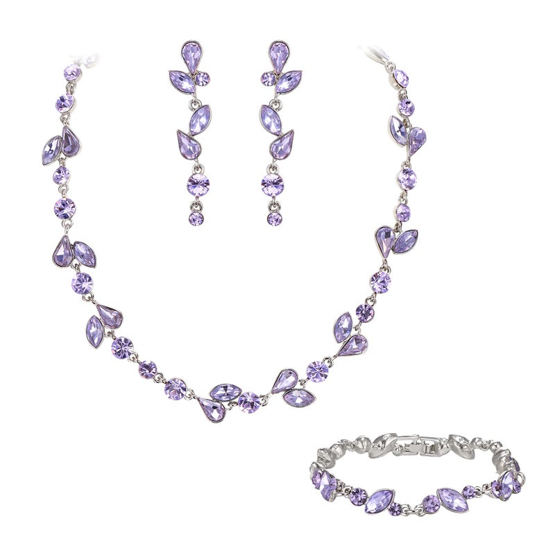EVER FAITH Crystal Bridal Bridesmaid Jewelry Sets, Elegant Marquise Round-Shaped Rhinestone Leaf Necklace Dangle Earrings Bracelet Set for Women Light Purple Silver-Tone - Image 1