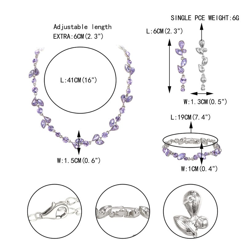 EVER FAITH Crystal Bridal Bridesmaid Jewelry Sets, Elegant Marquise Round-Shaped Rhinestone Leaf Necklace Dangle Earrings Bracelet Set for Women Light Purple Silver-Tone - Image 4