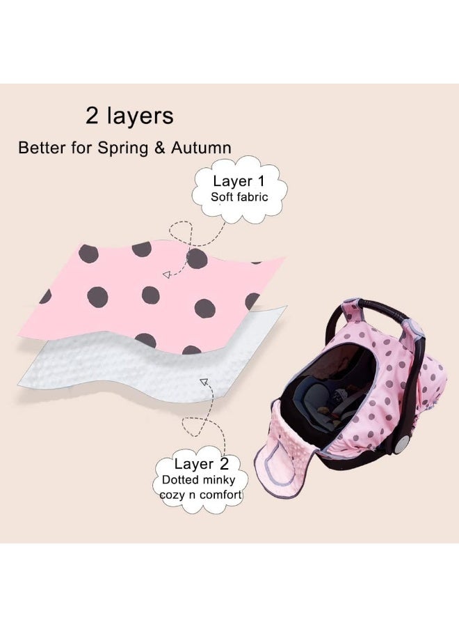DODO NICI Carseat Cover Girls, Baby car seat Covers for Infant car seat, Baby Carrier Cover Canopy, Window in Door Zipper Open, 2 Layers, Pink dots - Image 3