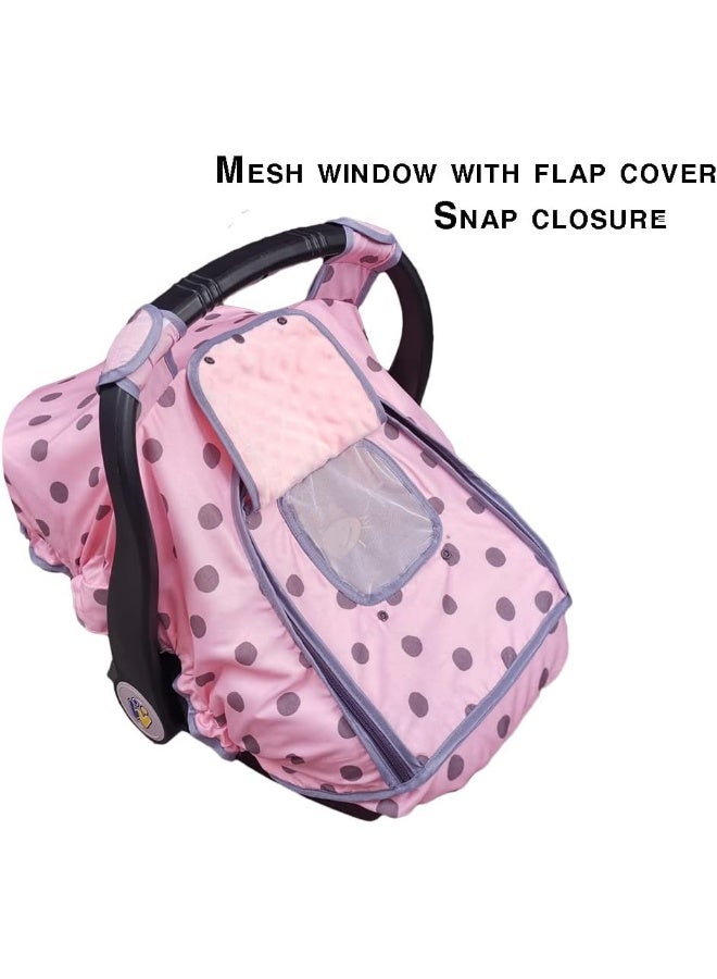 DODO NICI Carseat Cover Girls, Baby car seat Covers for Infant car seat, Baby Carrier Cover Canopy, Window in Door Zipper Open, 2 Layers, Pink dots - Image 4