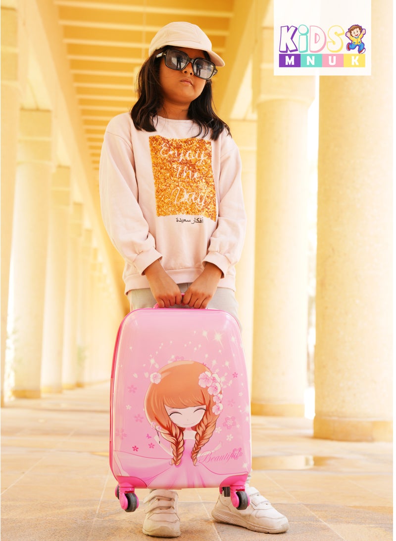 منيك حقيبة عربة أطفال مصنوعة من البولي كربونات ذات الجوانب الصلبة بتصميم شخصية أميرة - 16 بوصة - وردية - Image 2