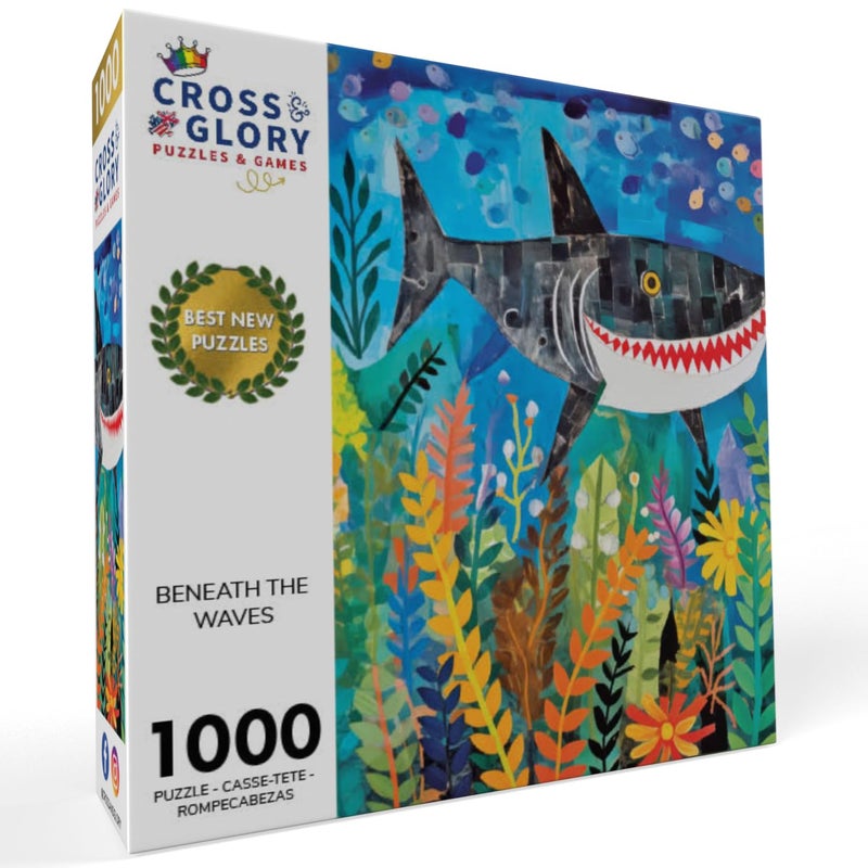 Cross & Glory - Beneath The Waves: Shark's Colorful Realm - 1000 Piece Jigsaw Puzzle for Adults & Kids 12+ | Vibrant Oceanic Art | Satin Finish | 20x27 Inches - Image 2