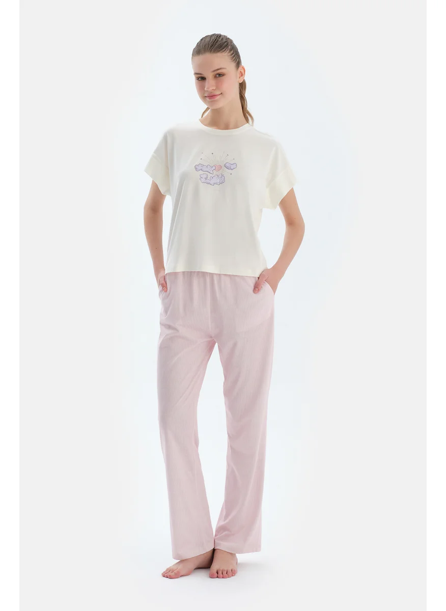 dagi Printed T-shirt & Trousers Pajama Set Crew Neck Cotton Blend Mid Rise Regular/Classic Fit Sleepwear