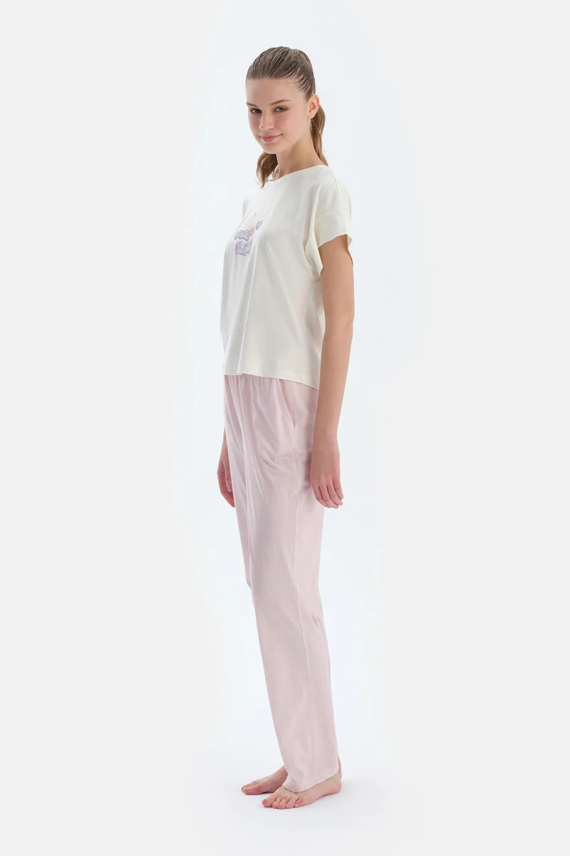 dagi Printed T-shirt & Trousers Pajama Set Crew Neck Cotton Blend Mid Rise Regular/Classic Fit Sleepwear
