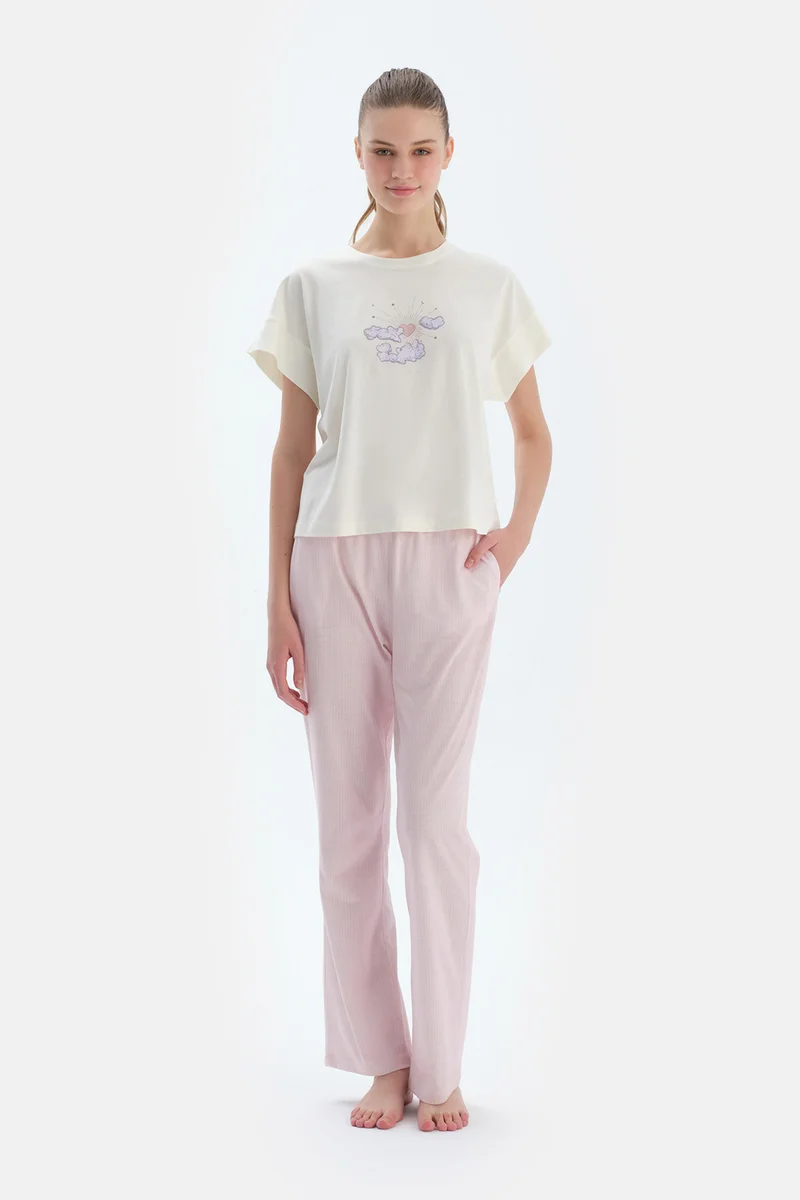dagi Printed T-shirt & Trousers Pajama Set Crew Neck Cotton Blend Mid Rise Regular/Classic Fit Sleepwear