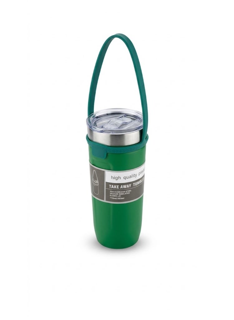 Vacuum Insulated Stainless Steel Travel Tumbler with Handle Strap – Leak Resistant Thermal Cup for Hot and Cold Drinks