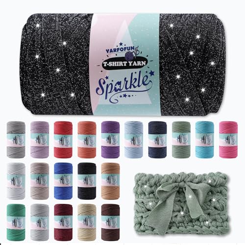 YARFOFUN Sparkle Tshirt Yarn for CrochetBlack Silver T Shirt Soft Elastic Fabric Thick TShirt Crochet Shining Glitter Sparkle Yarn for Crocheting Knitting Beginner Hand Knitting BagDIY CraftHome Decor - Image 1