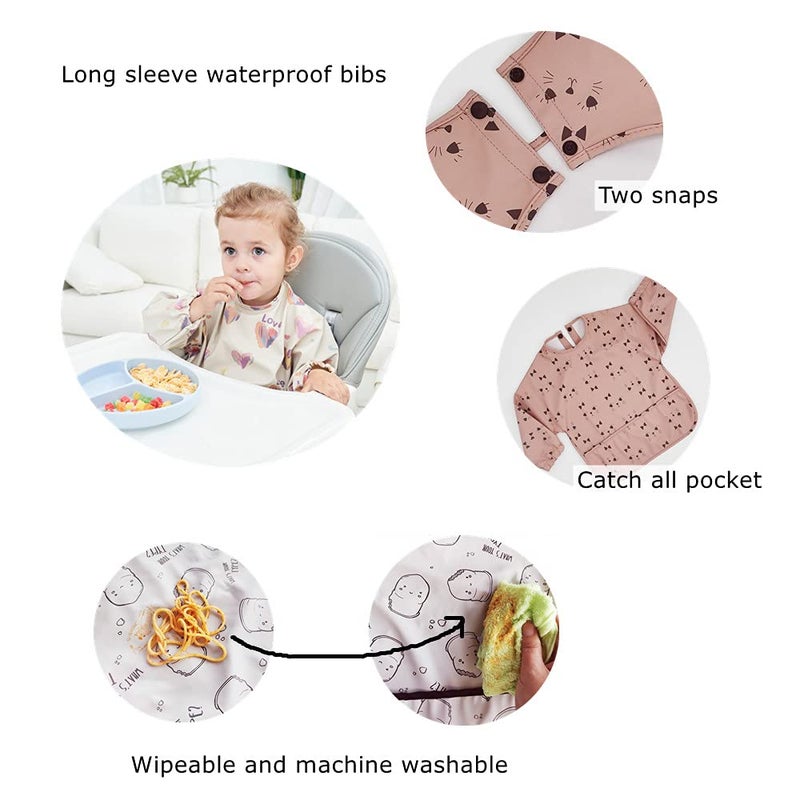 GZMM Waterproof Baby Bibs,Infant Toddler Long Sleeve Feeding Bib With Food Catcher,Easy Clean & Washable 2 Pack - Image 2