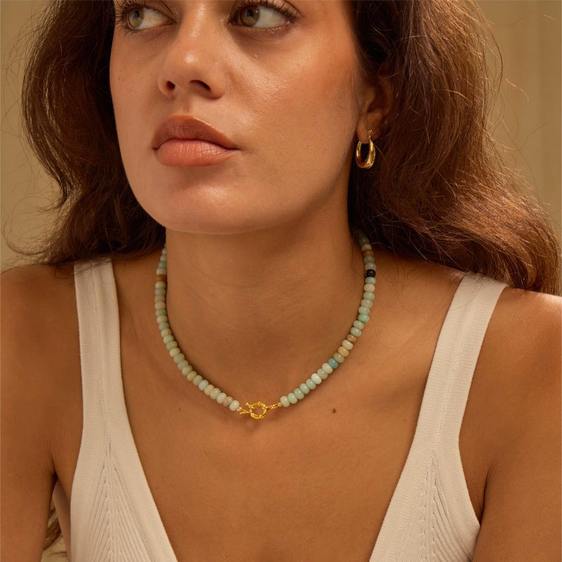 chorfla Beaded Gemstone Necklaces for Women, Bohemian Colored Choker Natural Stone Bead Decoration Summer Beach Handmade Jewelry Necklace (C-Amazonite) - Image 4
