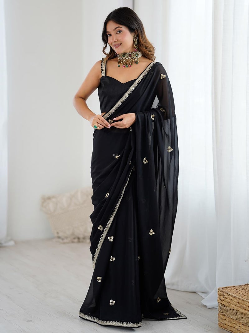 saree mall ساري مول للسيدات - ساري جرجيت أسود مزين مع قطعة بلوزة غير مخيطة (GOPI2901_RX) - Image 3