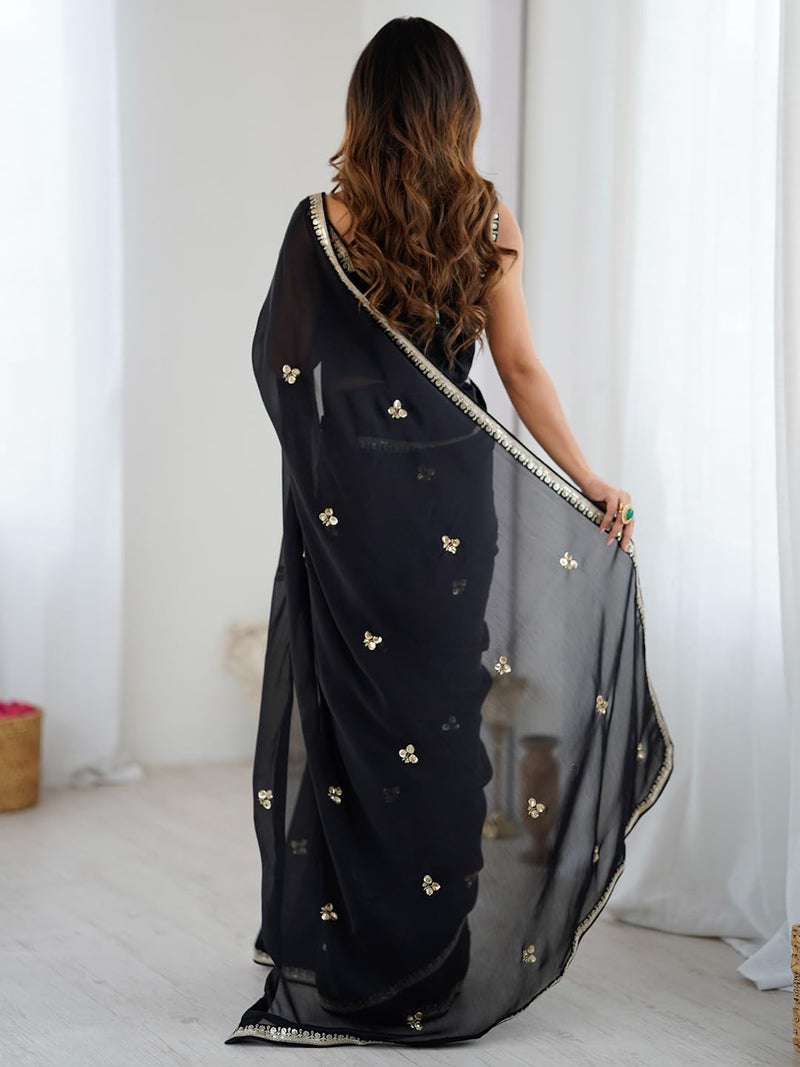 saree mall ساري مول للسيدات - ساري جرجيت أسود مزين مع قطعة بلوزة غير مخيطة (GOPI2901_RX) - Image 2