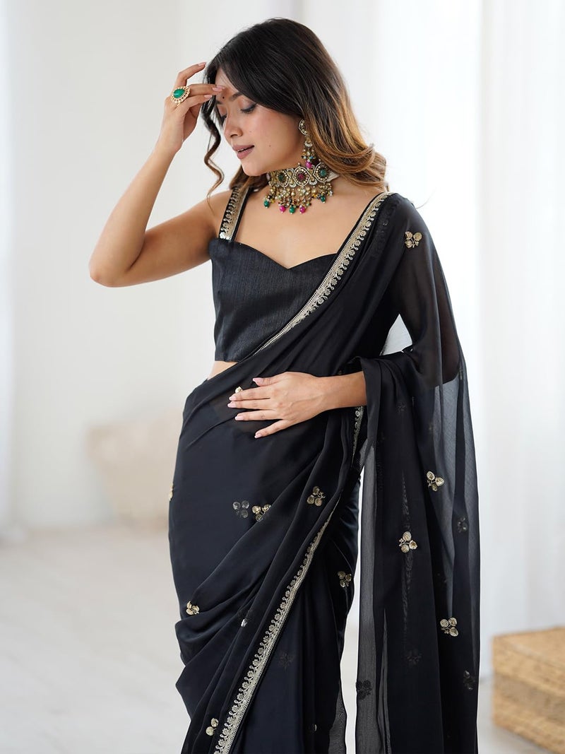 saree mall ساري مول للسيدات - ساري جرجيت أسود مزين مع قطعة بلوزة غير مخيطة (GOPI2901_RX) - Image 5