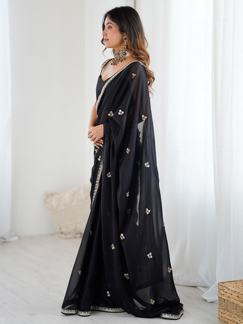 saree mall ساري مول للسيدات - ساري جرجيت أسود مزين مع قطعة بلوزة غير مخيطة (GOPI2901_RX) - Image 4