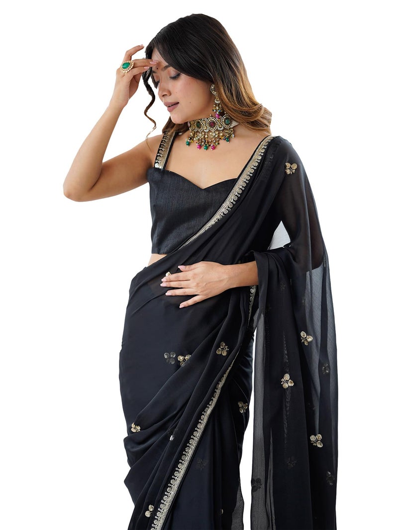 saree mall ساري مول للسيدات - ساري جرجيت أسود مزين مع قطعة بلوزة غير مخيطة (GOPI2901_RX) - Image 1