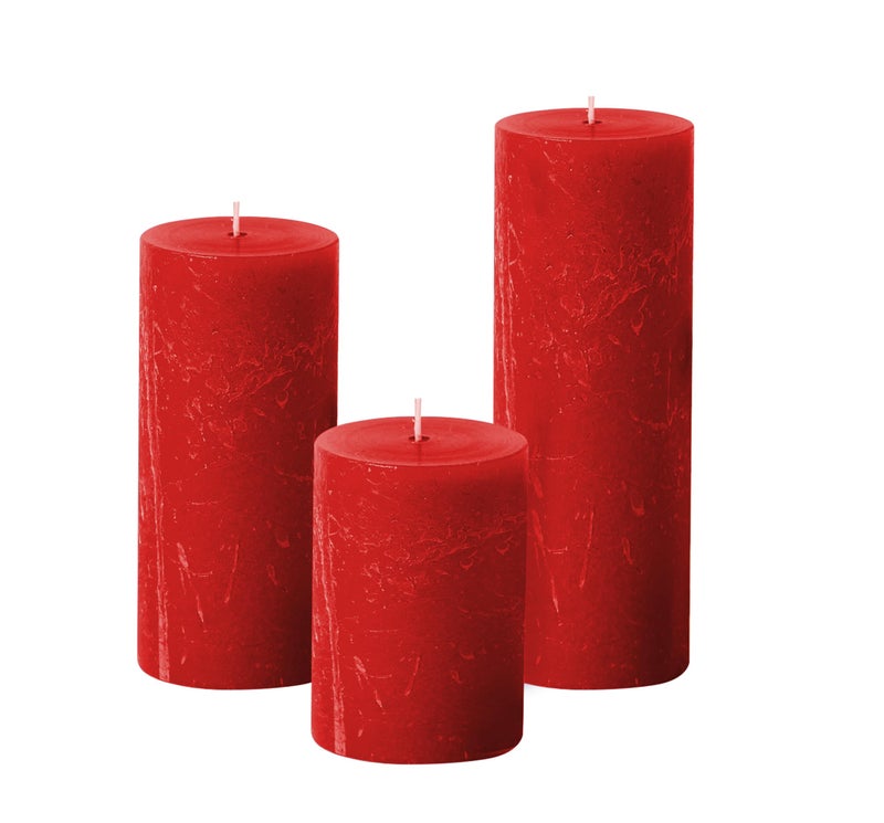 Simply Soson Red Rustic Texture Pillar Candles 3x4 inch Set of 3 Unscented Decorative Red Candles No drip Candle Ideal as Large Candle for Home Decor Weddings Holidays