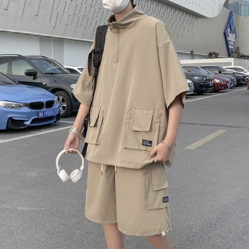 Trendy Couple Clothing Short-sleeved Zipper T-shirt suit Ripper Handsome Mens Spring and Summer Instagram Popular Brand Loose Tooling Clothes khaki