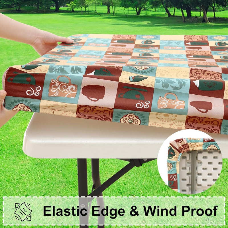 misaya Rectangle Vinyl Tablecloth, Fitted Table Cover, 100% Waterproof, Elastic Edge, Flannel Backing, Plastic Table Cloth Fit 6 Foot Folding Tables for Picnic, Outdoor (Patterned Cups, 30x72 inch) - Image 2
