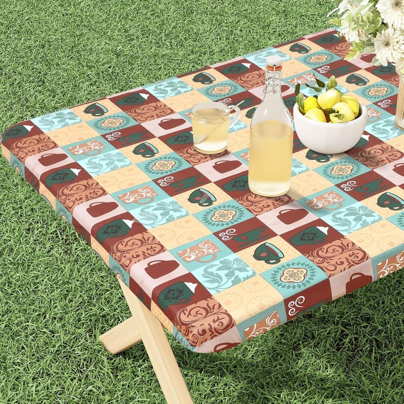 misaya Rectangle Vinyl Tablecloth, Fitted Table Cover, 100% Waterproof, Elastic Edge, Flannel Backing, Plastic Table Cloth Fit 6 Foot Folding Tables for Picnic, Outdoor (Patterned Cups, 30x72 inch) - Image 1