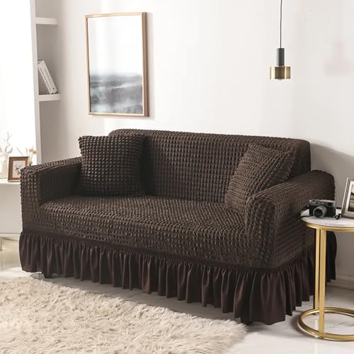 Lukzer 320 GSM Coffee Brown 3 Seater Turkish Sofa Cover Universal Couch Protector Bubble Fabric with Frill Universal Big Elasticity Furniture Slipcover (210-260cm/SC-097-03) - Image 1