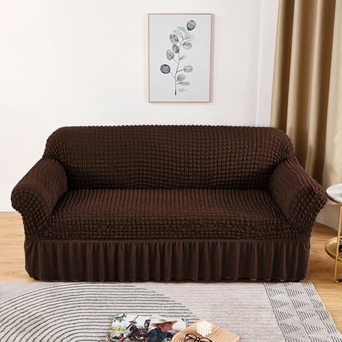 Lukzer 320 GSM Coffee Brown 3 Seater Turkish Sofa Cover Universal Couch Protector Bubble Fabric with Frill Universal Big Elasticity Furniture Slipcover (210-260cm/SC-097-03) - Image 2