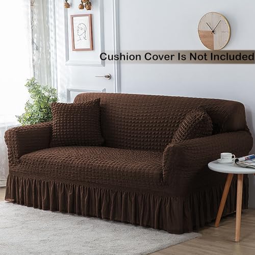 Lukzer 320 GSM Coffee Brown 3 Seater Turkish Sofa Cover Universal Couch Protector Bubble Fabric with Frill Universal Big Elasticity Furniture Slipcover (210-260cm/SC-097-03) - Image 3