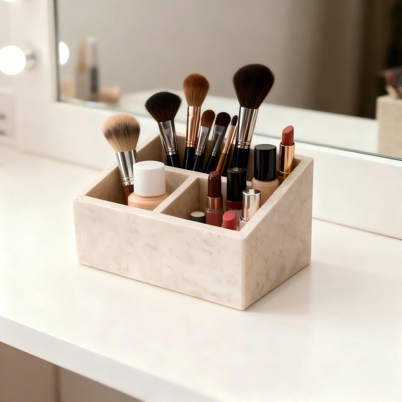 Artisanal Abode Marble Desk Organizer with 3 Compartments Perfume Organizer & Makeup Brush Holder Toothbrush Holder and Bathroom Counter Organizer White Purple Pattern Modern Design (White) - Image 3