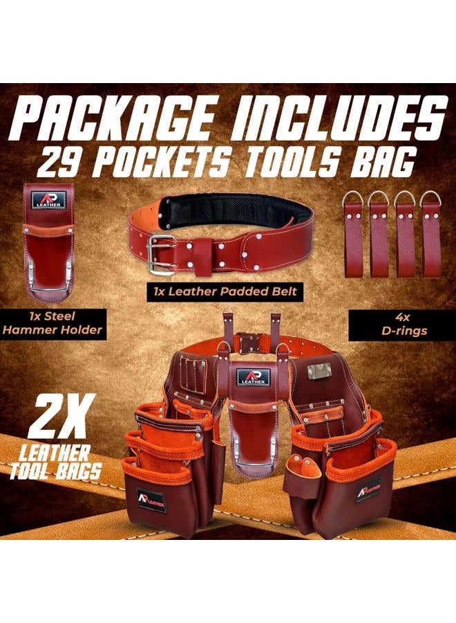 AP LEATHER Pro-302 Premium Oil Tanned Tool Belt, Carpenter Tool bag | Tool Belt Maroon,29 Pockets Tool Pouch with 4 Loops, Carpenter,Framer,Electercian Tool Belt for 30" to 52" Waist - Image 2