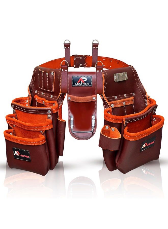 AP LEATHER Pro-302 Premium Oil Tanned Tool Belt, Carpenter Tool bag | Tool Belt Maroon,29 Pockets Tool Pouch with 4 Loops, Carpenter,Framer,Electercian Tool Belt for 30" to 52" Waist - Image 1