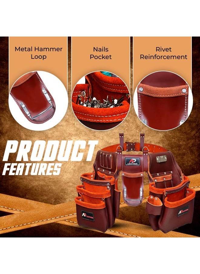AP LEATHER Pro-302 Premium Oil Tanned Tool Belt, Carpenter Tool bag | Tool Belt Maroon,29 Pockets Tool Pouch with 4 Loops, Carpenter,Framer,Electercian Tool Belt for 30" to 52" Waist - Image 5