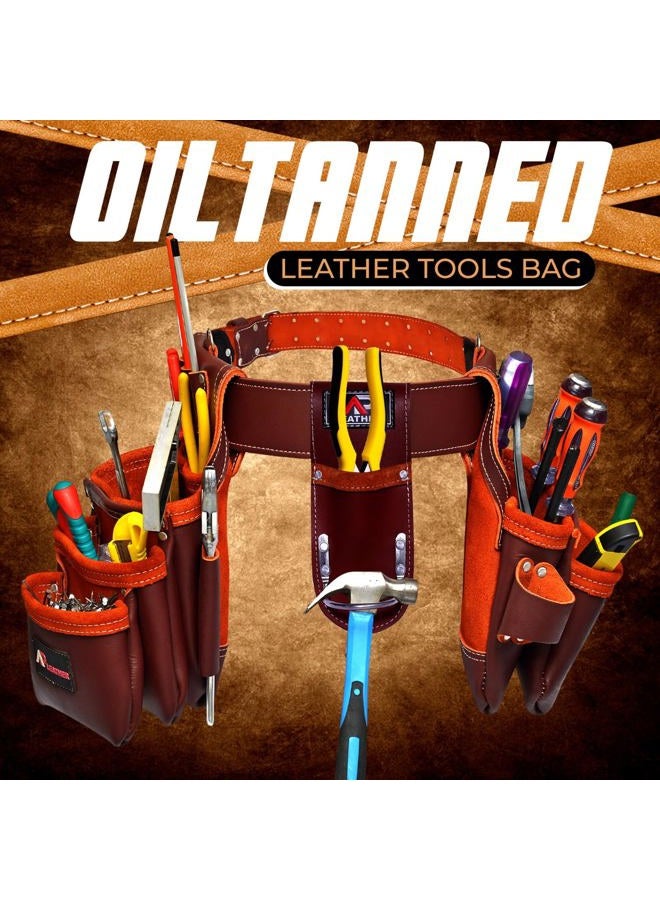 AP LEATHER Pro-302 Premium Oil Tanned Tool Belt, Carpenter Tool bag | Tool Belt Maroon,29 Pockets Tool Pouch with 4 Loops, Carpenter,Framer,Electercian Tool Belt for 30" to 52" Waist - Image 3