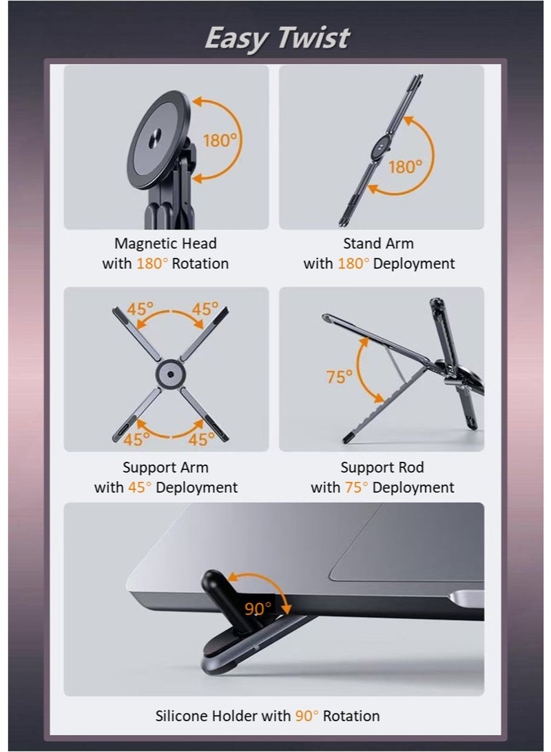 Laptop Stand for Desk, 8-Level Adjustable Laptop Riser - Aluminum Alloy & Silicone, Foldable Magnetic Portable, Multi-functional Ventilated Cooling Notebook Holder for Laptops, Tablets & Phones - Image 4