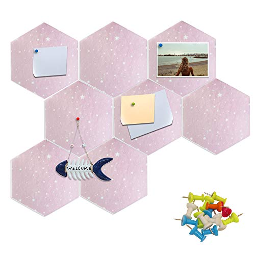 Fovasen 8 Pcs Felt Hexagon Cork Board Tiles, Self-Adhesive Notice Board Pink Wall Tiles with Push Pins for Home Office Classroom Wall Decor, Pink - Image 1
