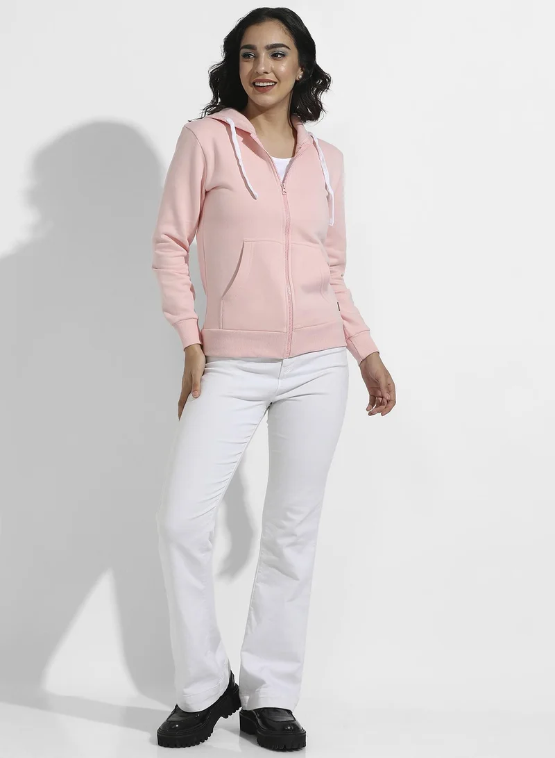 Campus Sutra Zip-Front Hoodie With Ribbed Hem